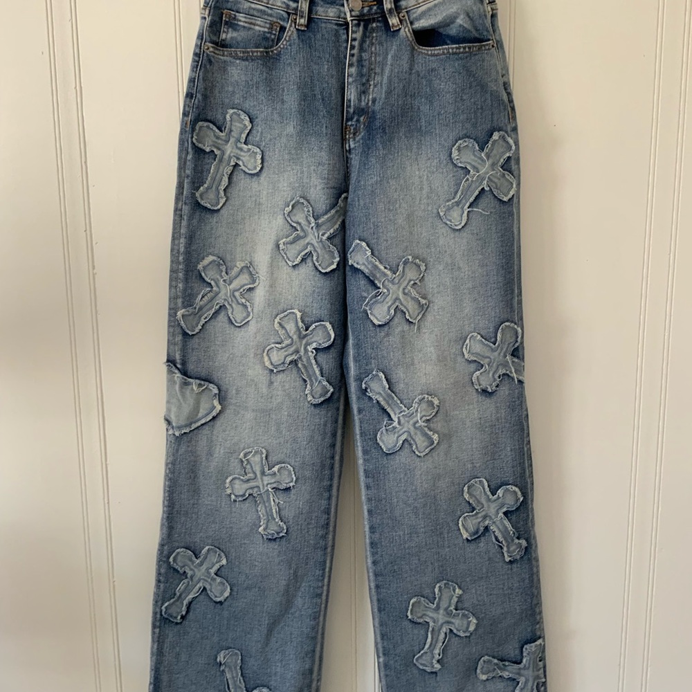 Women's Straight Leg Jeans with Cross Accents